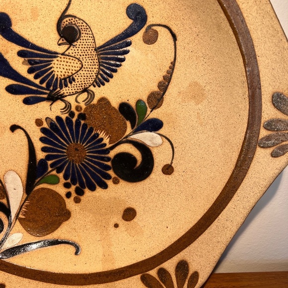 VINTAGE Tonala MEXICAN POTTERY Hexagon BIRD Toucan WALL PLATE BOWL Blue 10". - Picture 3 of 9